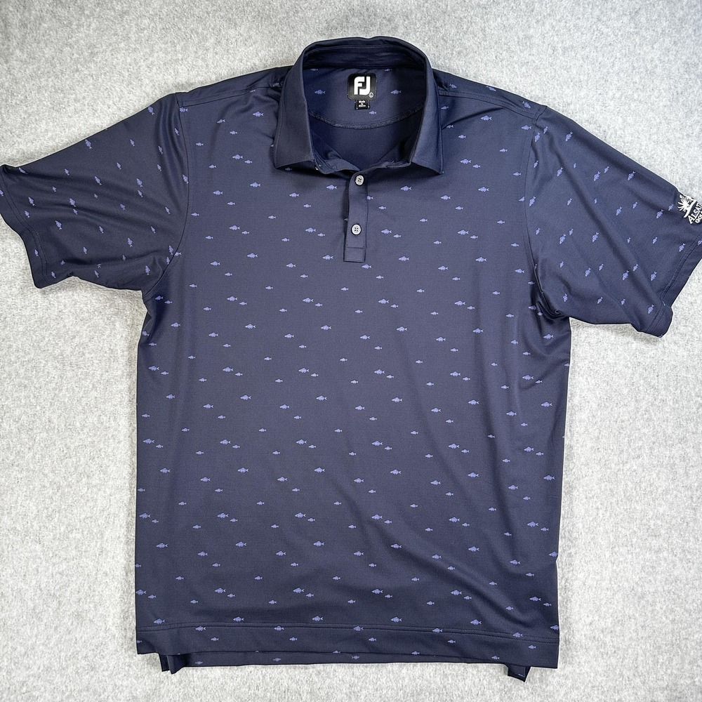FootJoy Polo Shirt Mens Large Blue Fish Print Alsatian Golf Club Short Sleeve
